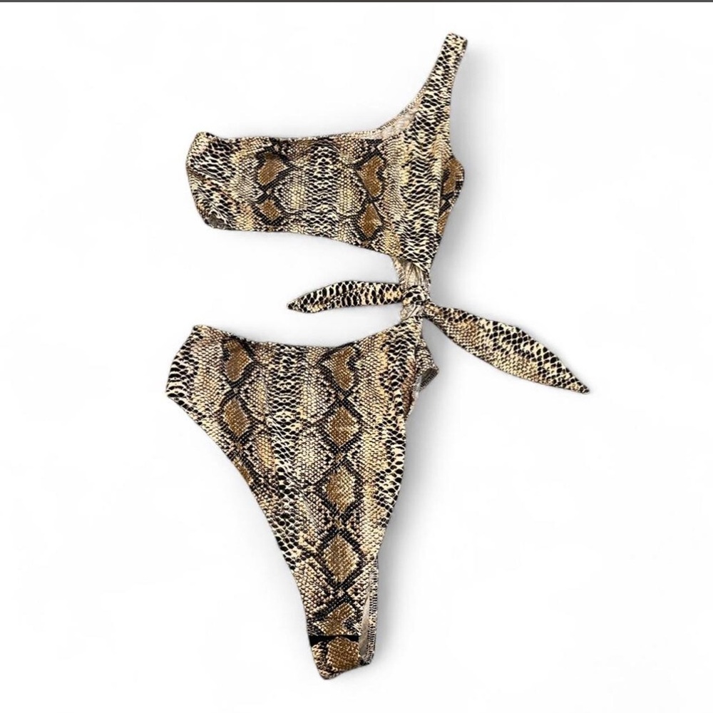 Snake Print One-Shoulder Bodysuit - Brown/Tan/Black